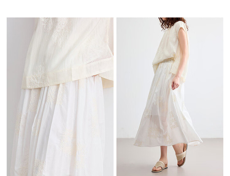 Demana Pure Cotton Poetry Summer Vintage Color-Block Embroidered Elastic Waist Slimming Mid-Length Skirt for Women 7