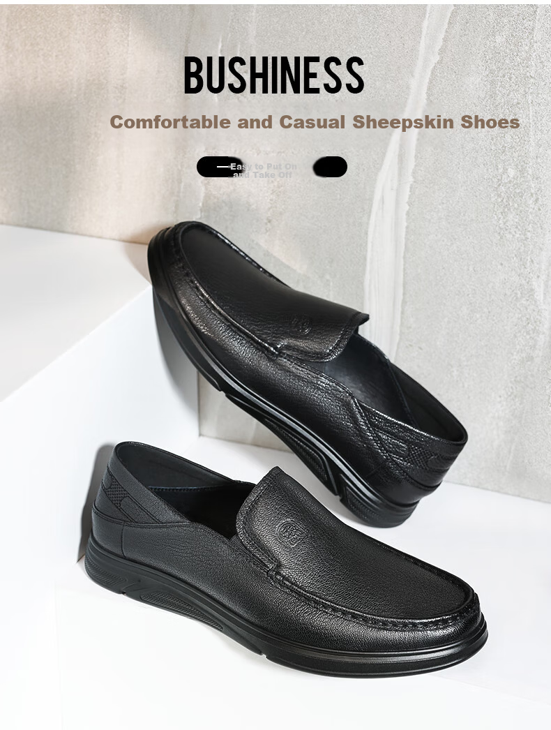LAORENTOU Men's Shoes, All-Season Business Formal Shoes, Low-Top Shoes, Sheepskin Slip-On Shoes, Polyurethane Sole Lightweight Shoes, LA12046, Black, Size 42 3