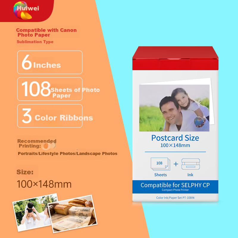 Huiwei Compatible Canon CP1500/CP1300 Photo Printer Paper Photo Paper Ink Cartridge (6 Inch 108 Sheets + 3 Ribbons)