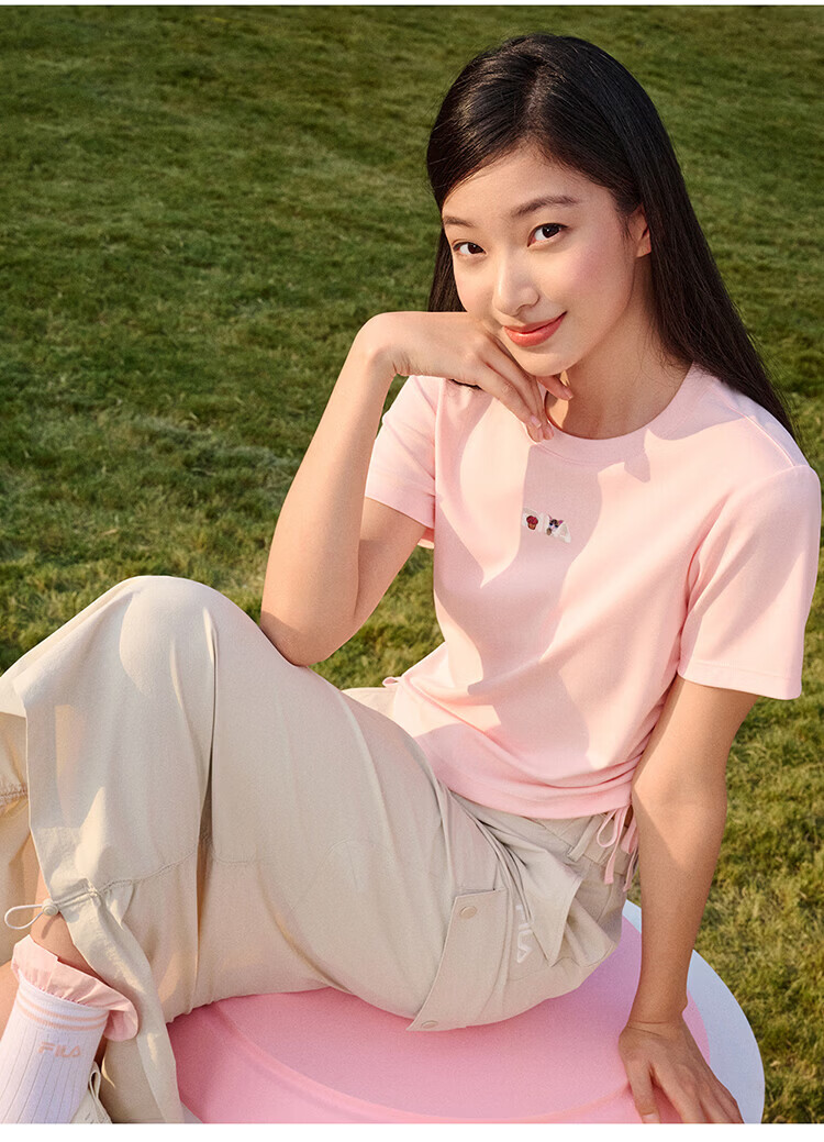 FILA Yang Mi Same Style Knitted Short Sleeve Shirt Women 2026 Summer Side Drawstring Fashion Casual Embroidered Logo Slim T-Shirt 31