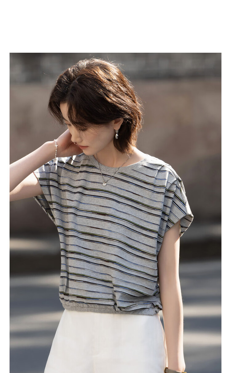 Demana [Cloud Oxygen Cotton Series] Summer Vintage Striped Sleeve-Covered Pleated Drawstring Slim Fit Petite T-Shirt for Women Premium Feel 11