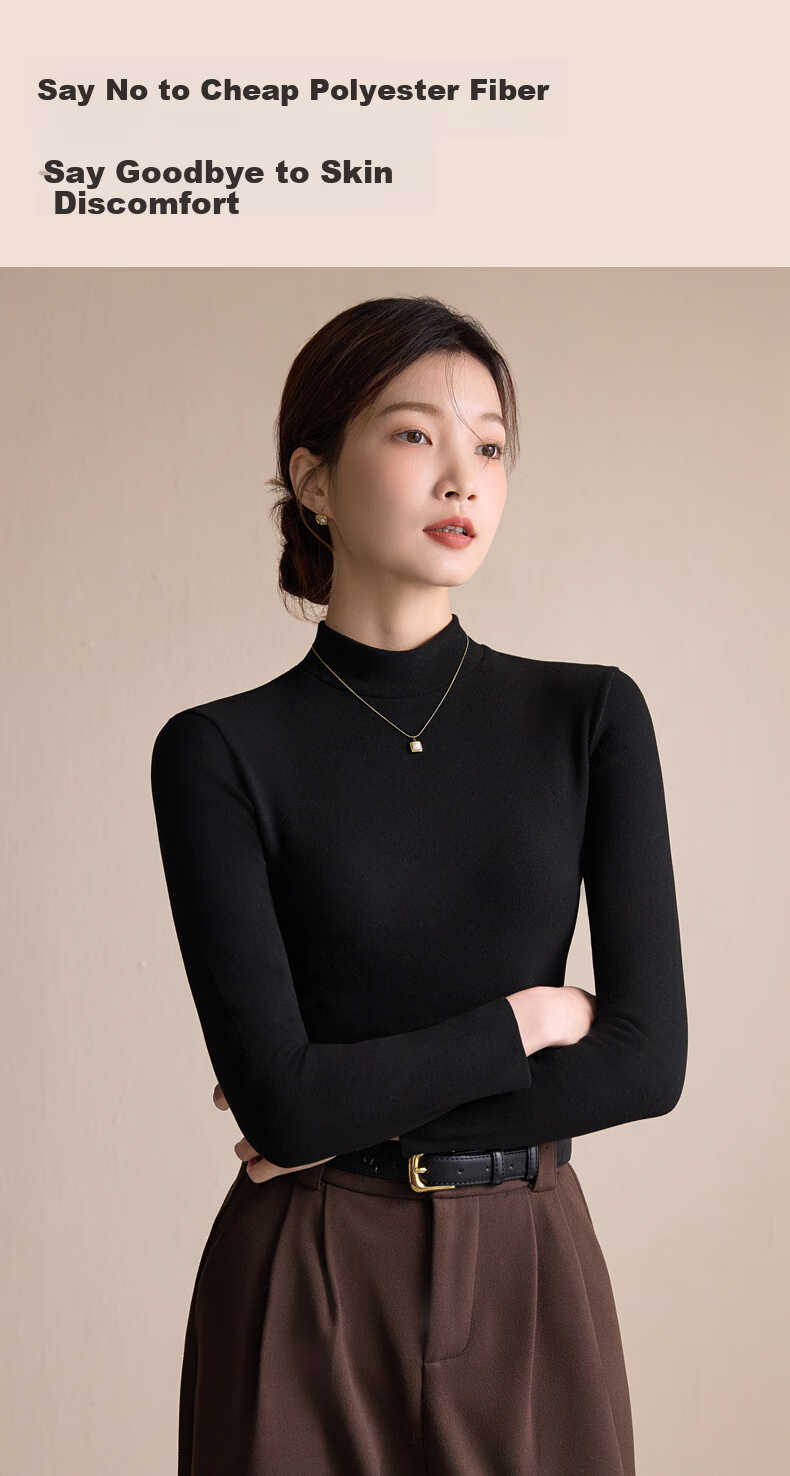 Miiow Women's Half Turtleneck Double-Sided Velvet Polyester-Free Black Fleece Thickened Base Layer Top 5