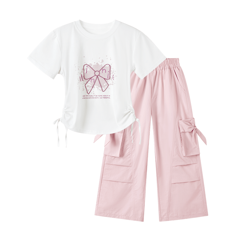 Disney Girls Bow Print T-Shirt and Drawstring Short Sleeve Cargo Wide-Leg Pants Two-Piece Set White Pink 150