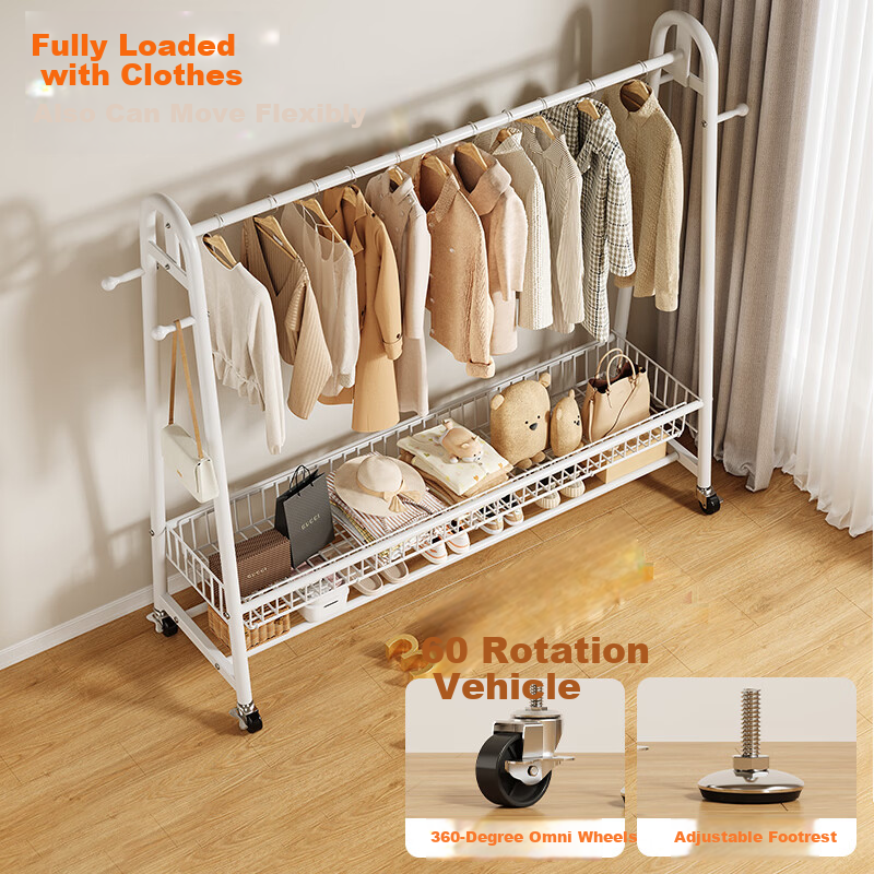 Shanshan Wooden Floor-Standing Clothes Hanger Coat Rack Bedroom Garment Rack Mobile Balcony Storage Shelf