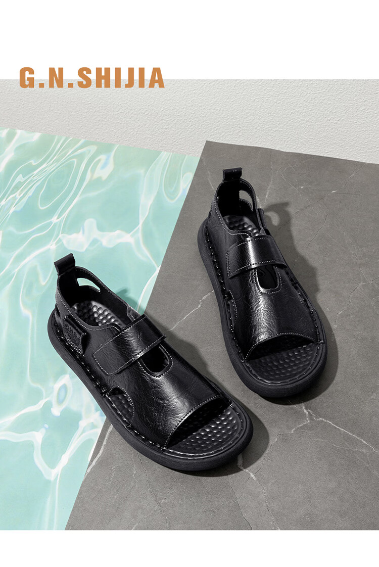 G.N.Shi Jia Leather Sandals for Men, Summer New Style Soft-Soled Breathable Beach Shoes, Dual-Use Casual Slippers, Versatile Commuter Driving Shoes 13