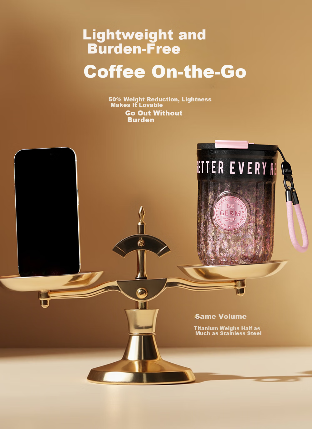 Germ Pure Titanium Insulated Double-Drink Straw Coffee Cup Women's Gift Water Bottle Gift Box Titanium Cup 400ML Gold Trim 8