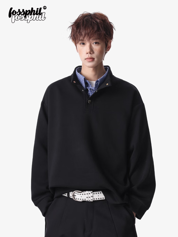Foss Phil Men's Long Sleeve Sweatshirt Spring Summer American Polo Shirt High Street Vintage Loose Fit Top Black XL W6061 1
