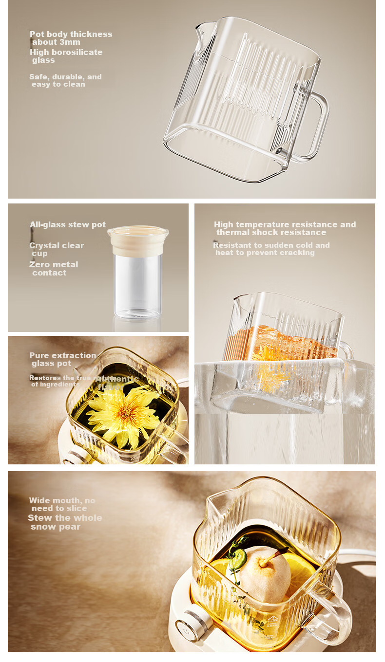 BASSENS Basen Small Square Stew Full Glass 0 Glue 0 Splicing Health Pot 1.2L Constant Temperature Household Multifunctional Office Small Electric Ceramic Stove for Brewing Flower Tea BS-D7pro with Tea 5