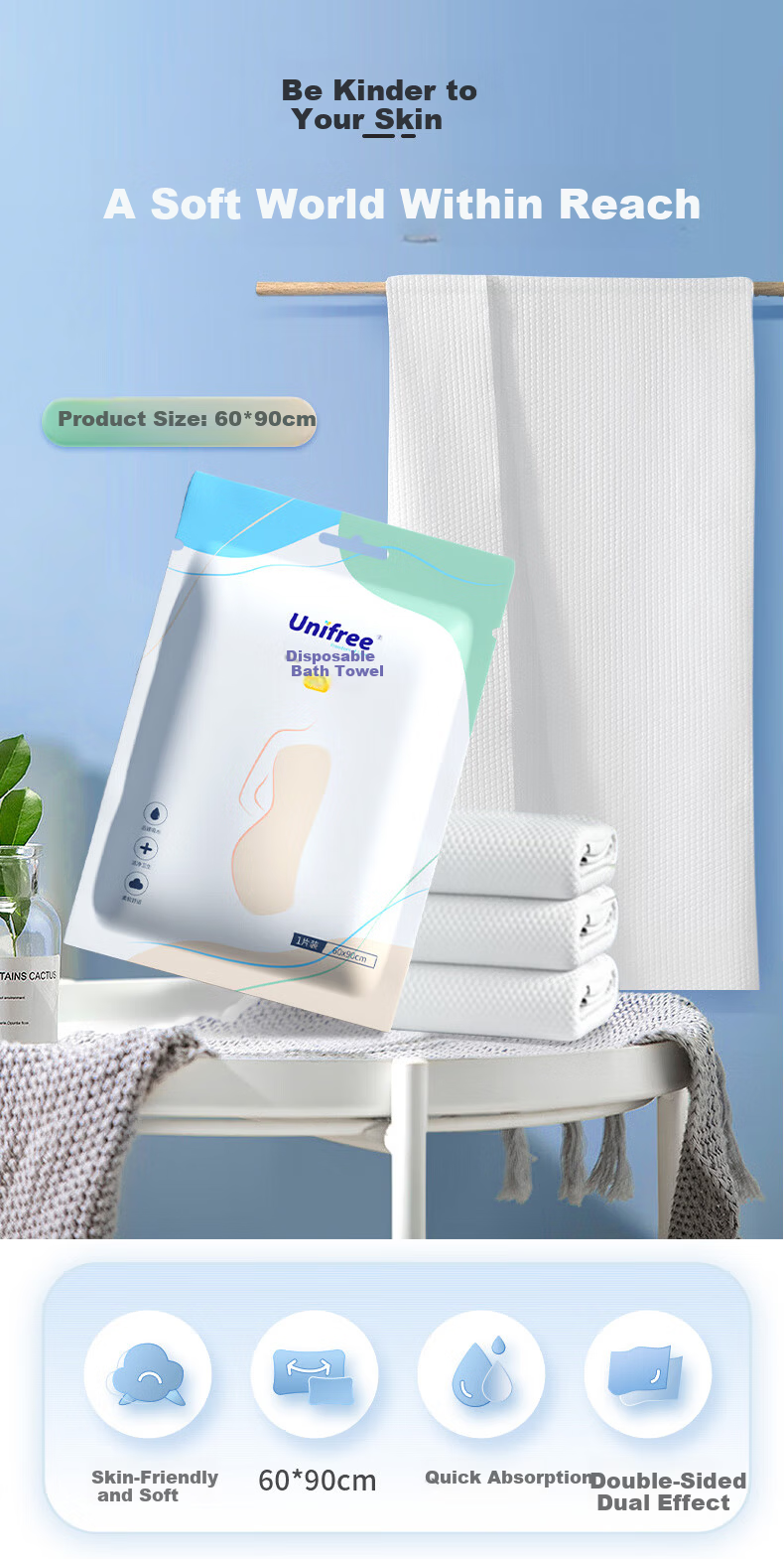Unifree Makeup Remover Wipes 5 Packs 60*90CM Portable Hotel Thickened Disposable Dual-use Dry and Wet Travel Pack 1