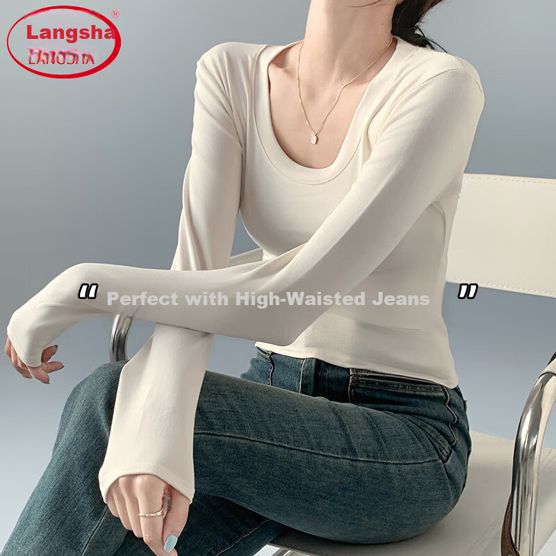 Langsha Women's Round Neck Base Shirt Spring New 2026 Slim Fit Solid Color Long Sleeve T-Shirt Top
