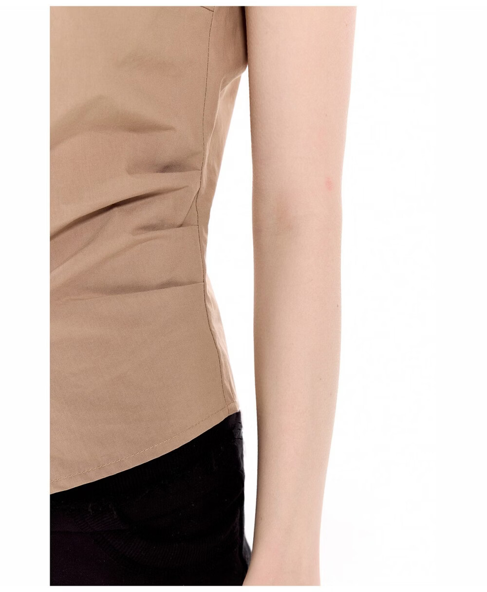 ICH MODE Pleated Waist-Tie Short Sleeve Shirt Women Summer New Slim Fit Pocket Blouse Waist-Cinching Shirt Jacket Blue S 15