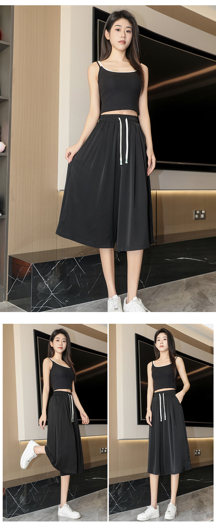 La Chapelle Women's Summer Thin High-Waist Slim Loose Draped Cropped Wide-Leg Skirt Pants Green XL 16