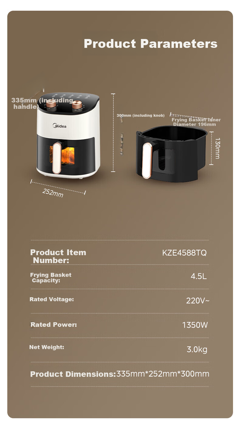 Midea Air Fryer 4.5L Home Use Visible Large Capacity Fully Automatic No Flip Oven Dual Knob Easy Control [KZE4588TQ] Offline Model 9