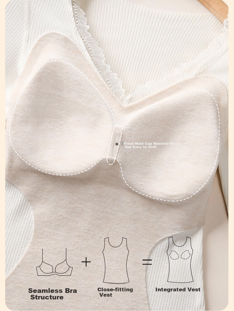 Langsha Women's Thermal Underwear with Chest Pad Autumn Winter Heating Cashmere Silk Seamless 10A Antibacterial Thickened Lace V-Neck Base Shirt 3