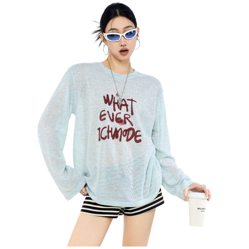 ICH MODE American Style Lightweight Long Sleeve T-Shirt Women 2026 New Spring Summer Physical Sun Protection Loose Top Blue M