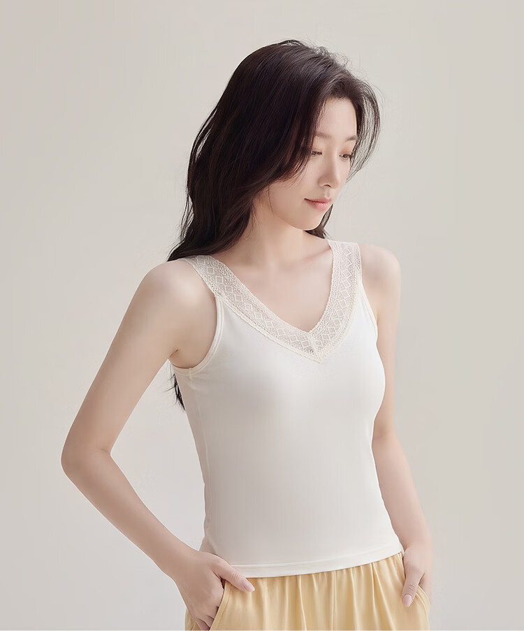 Hongdou Women's Vest Counter Style Silky Cotton Modal Mulberry Silk-Free Exquisite Lace V-Neck Jacquard Strap Stretchy Base Camisole 11