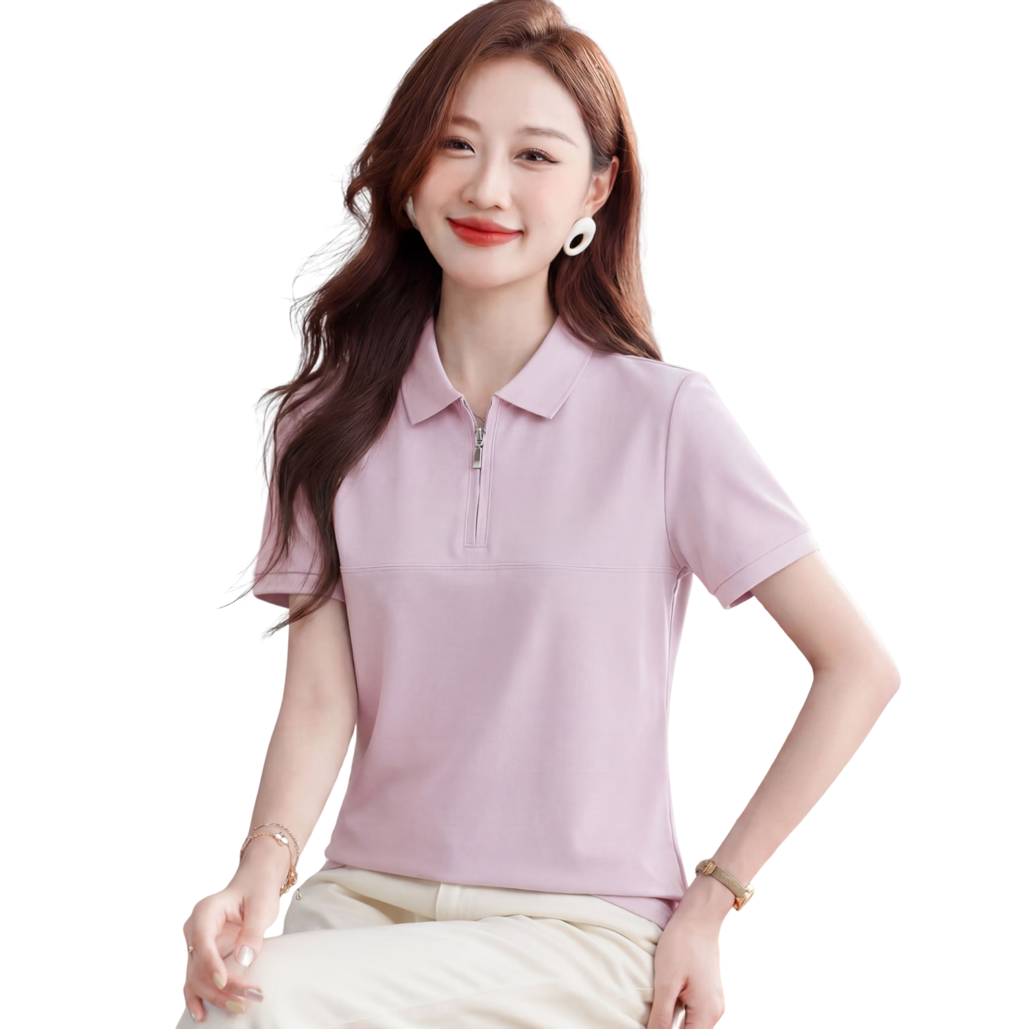 TUCANO Women's Short Sleeve Solid Color Antibacterial Half-Zip Polo Shirt Fashion Versatile Top Dark Red L