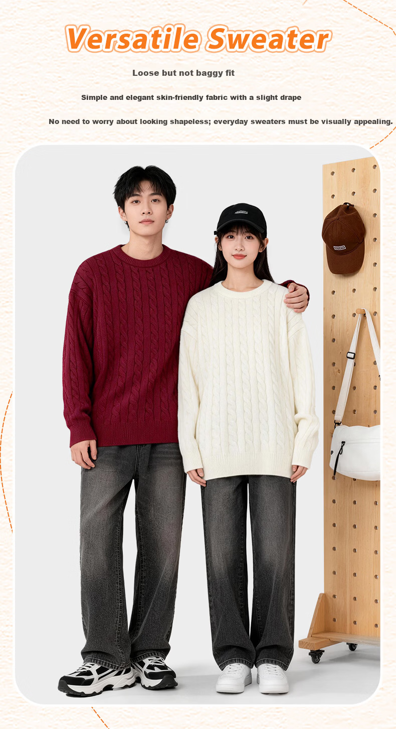 MINISO Men's Round Neck Cable Knit Sweater Autumn Winter Warm Anti-Cold Casual Couple Pullover Black 3XL 3