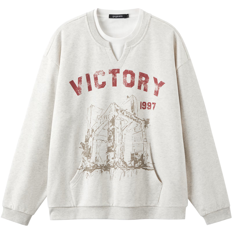 Gxgjeans Men's Casual Loose Fit Two-in-One Style Printed Crewneck Sweatshirt Light Heather Gray Spring 2026 New M (170)