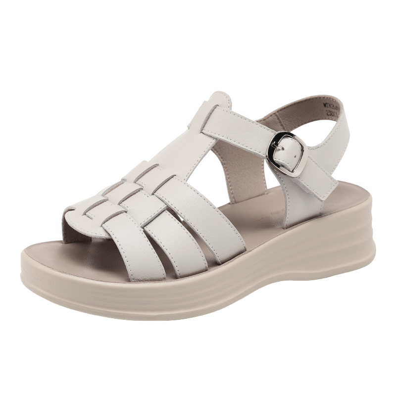 Red Dragonfly Women's Sandals Cowhide Thick Sole Soft Sole Middle-aged and Elderly Woven Hollow Roman Shoes WTK264902 Off-white 37