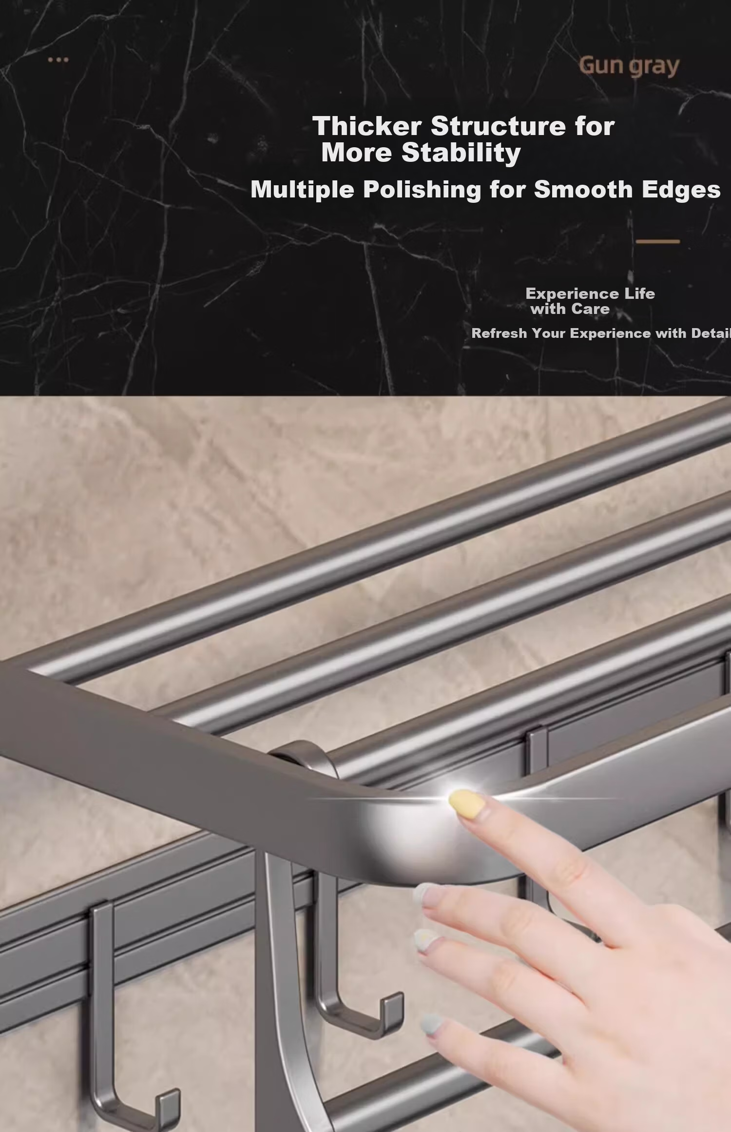 Youqin Gunmetal Towel Rack Bathroom No-Drill Towel Storage Rack Wall-Mounted Space Aluminum Bathroom Toilet Hanging Rod 13
