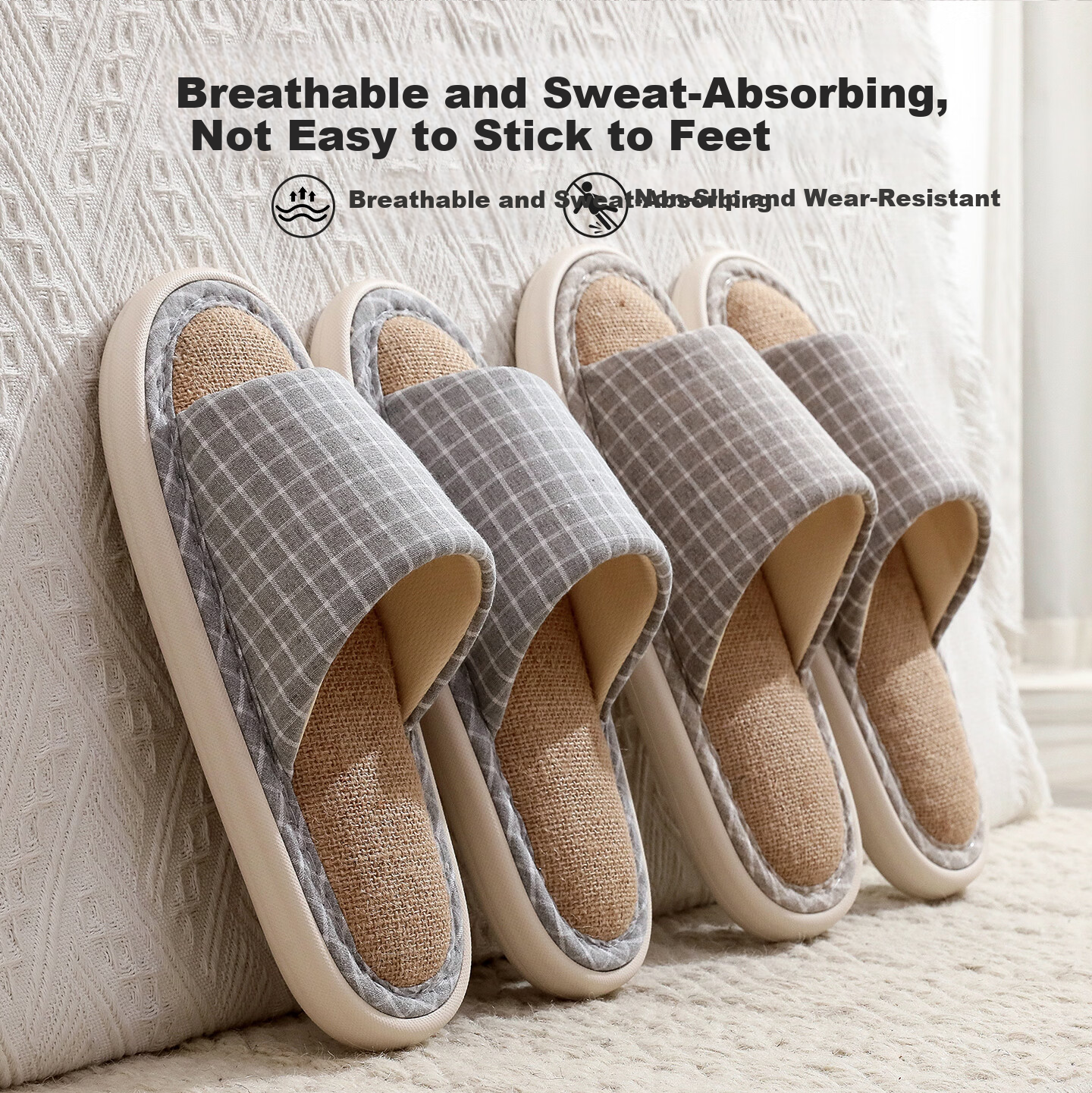 OHMYK Linen Slippers Men Spring Autumn Indoor Non-slip Breathable All-season Cotton Linen Fabric Slippers Women Light Gray Size 40-41