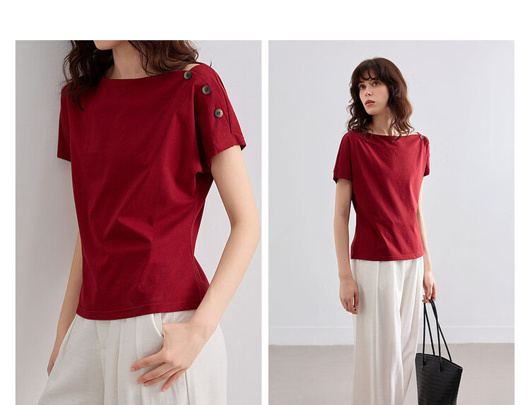 Demana [Cool Sorona] Summer Elegant Off-Shoulder Raglan Sleeve Button Decor Slim Fit Petite Women's T-Shirt 9