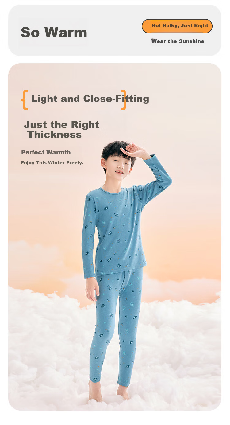 Hodohome Boys' Cotton Antibacterial Thermal Underwear Set, Long Sleeve Top and Pants, Grade 7, Printed Crew Neck, Sizes 121-150 4