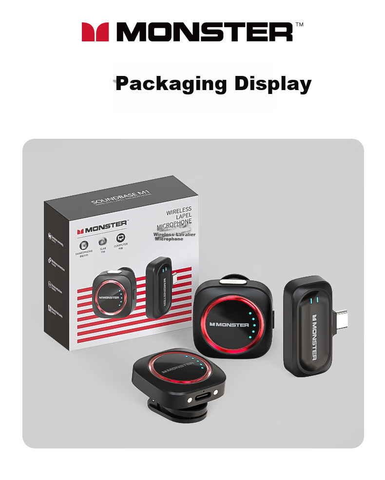 MONSTER Wireless Lavalier Microphone Professional Recording Outdoor Vlog TikTok Short Video Noise-Cancelling Clip-on Mic Portable Wireless Microphone One-to-Two Type-C M1 Black 19