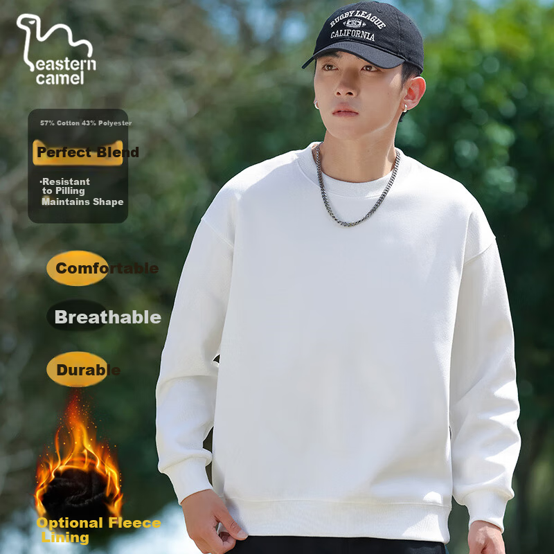 EASTERN CAMEL Men's Autumn Winter Crew Neck Solid Heavyweight Drop Shoulder Long Sleeve Outdoor Pullover Sweatshirt White XL