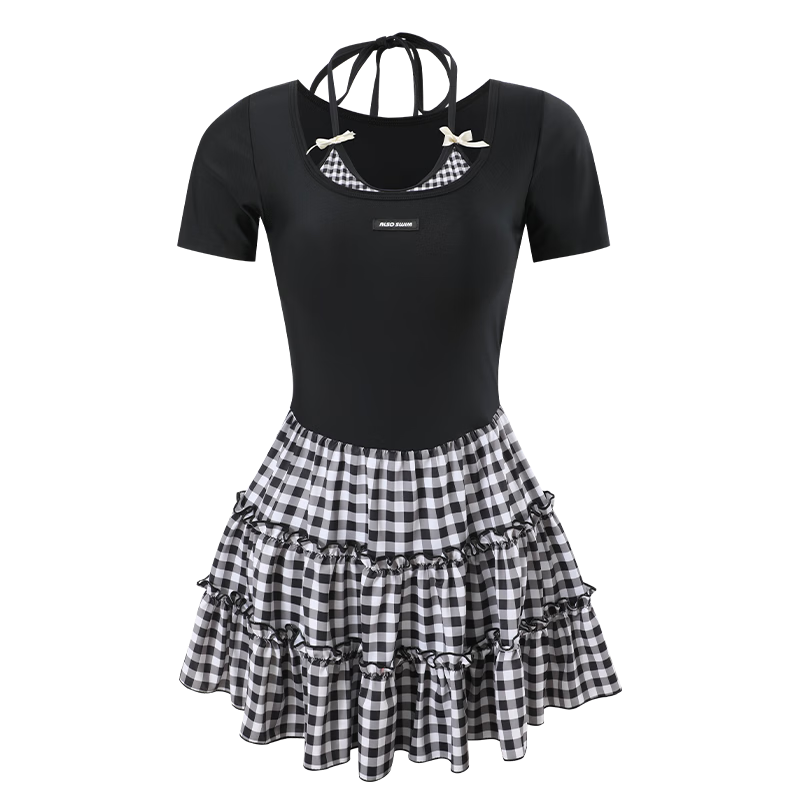 Agliondy Plus Size Women's One-Piece Swimsuit Waist-Slimming Classic Black and White Check XL
