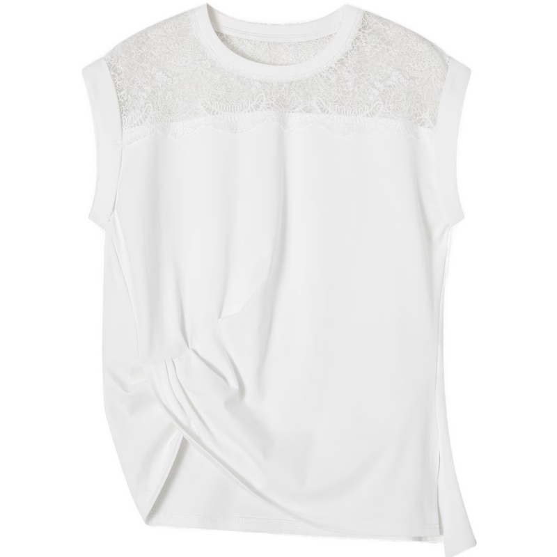 Demana [Cooling Black Technology Sorona] Summer Elegant Lace Splice Crew Neck Pleated Hem Short Sleeve Women's T-Shirt