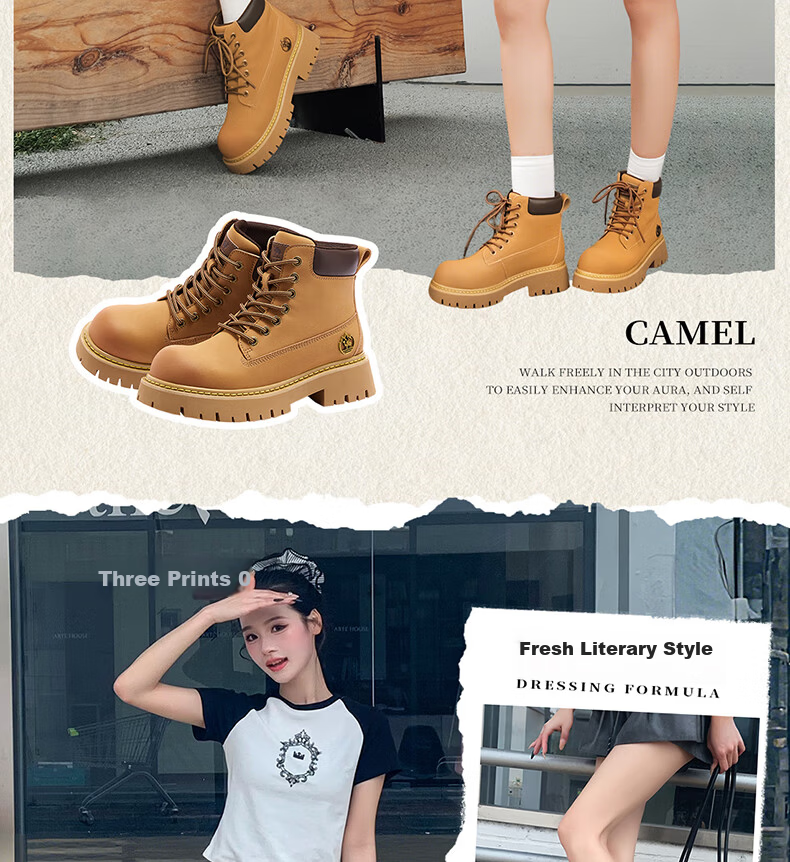 CAMEL [Shanyue] Women's Work Boots Trendy Thick-Soled Martin Boots L25W076018R Earth Yellow (Suede Lining) Size 37 31