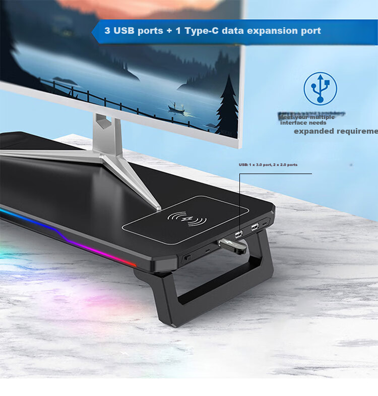 Huiersi Monitor Riser Laptop Stand Adjustable Screen Elevation Foldable Storage USB 3.0 Hub with RGB Ambient Lighting C30 [Black] 3