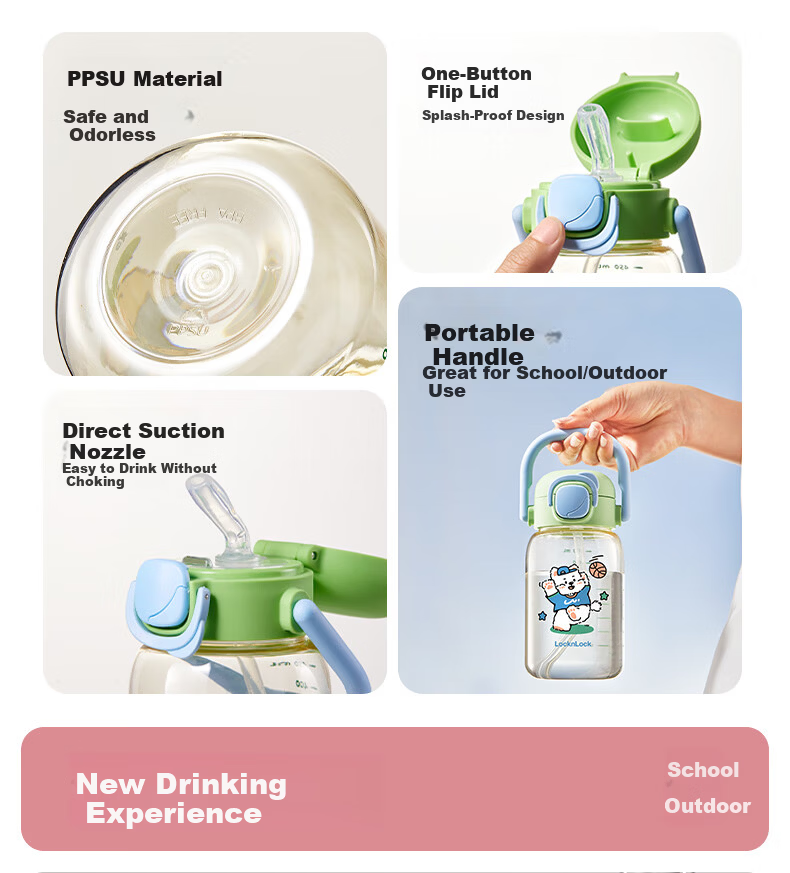 Lock&Lock Straw Cup Children's Water Bottle 3-6 Years Old Direct Drinking Cup Kindergarten Baby Drinking Cup PPSU Portable Outdoor Water Bottle 2