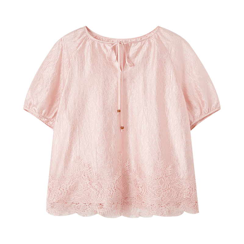 Demana Wrinkled Acetate Summer Elegant Commuter Round Neck Lace Hem Loose Slimming Concealing Shirt for Women Premium Feel
