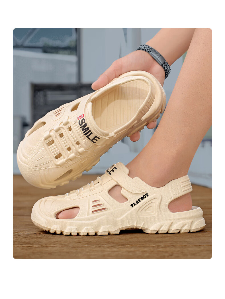 PLAYBOY Men's Summer 2026 Breathable Closed-Toe Sandals Thick-Soled Beach Shoes Black Gray Size 44/45 10
