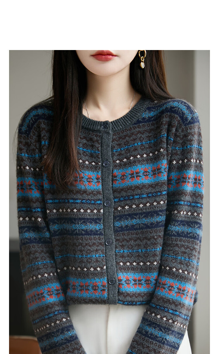 Demana Spring Fair Isle Jacquard Crew Neck Colorblock Loose Slim Wool Rabbit Hair Knit Sweater for Women Premium 10
