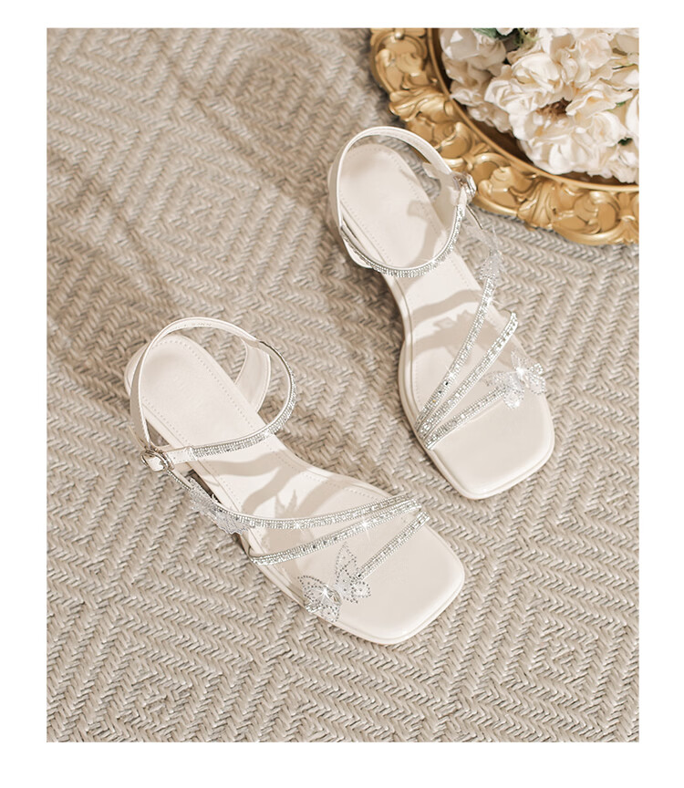 ZHR Women's Summer New French Style Rhinestone Chunky Heel Sandals Butterfly Strap Slip-On Sandals KN328 Silver Size 35 14