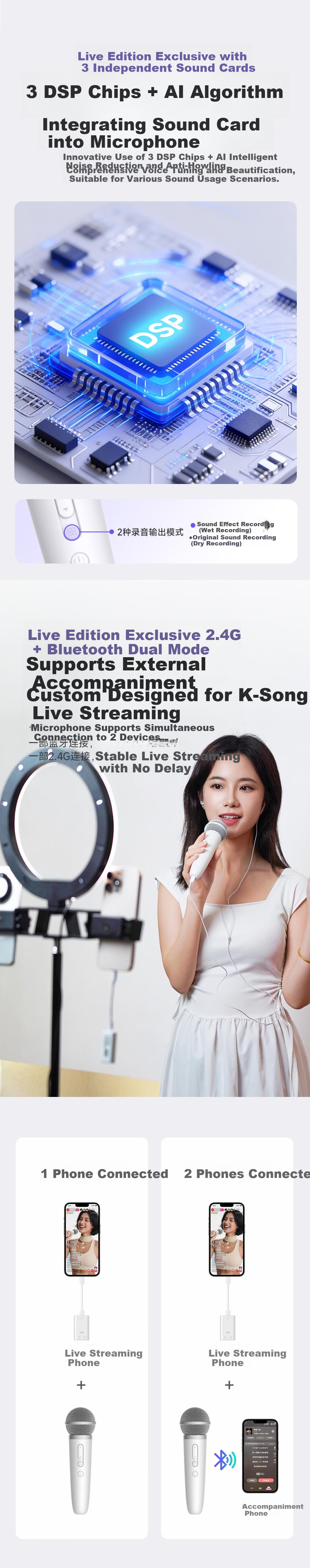 Pure Bluetooth Wireless Microphone Mobile Live Streaming Sound Card Recording Microphone Home K-Song Recording Device White 4