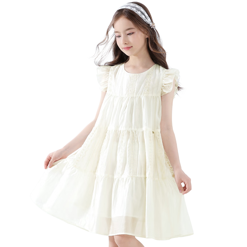 Disney Girls' Tencel Dress Summer New Princess Dress Big Kids Long Dress EQ095 Off-White 160