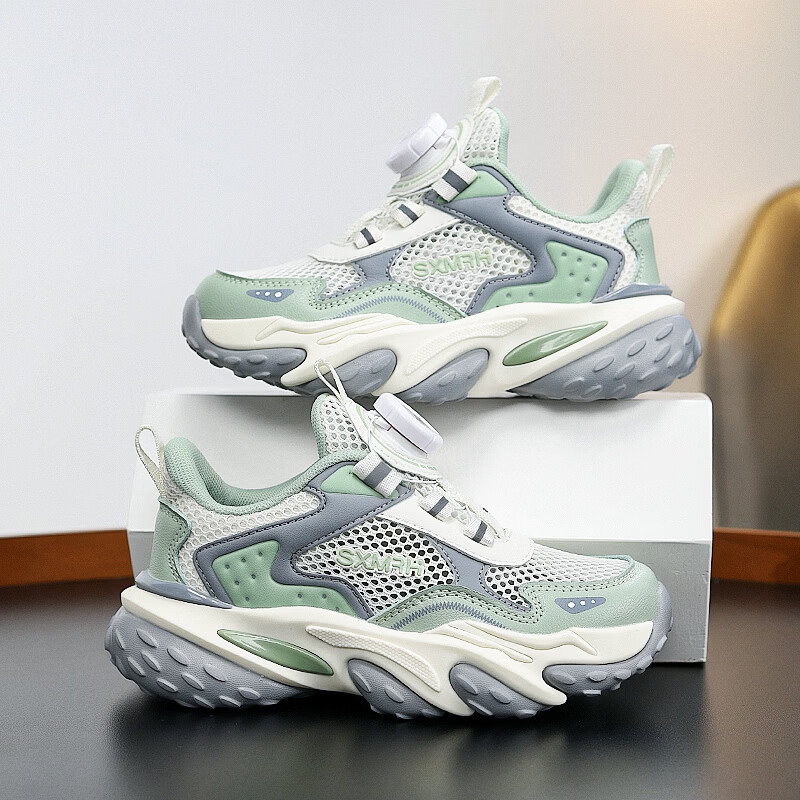Double Star Boys' Sports Shoes Single Mesh Summer Breathable Kids' Sneakers Casual Outdoor Shock Absorption Running Shoes Light Green Size 33