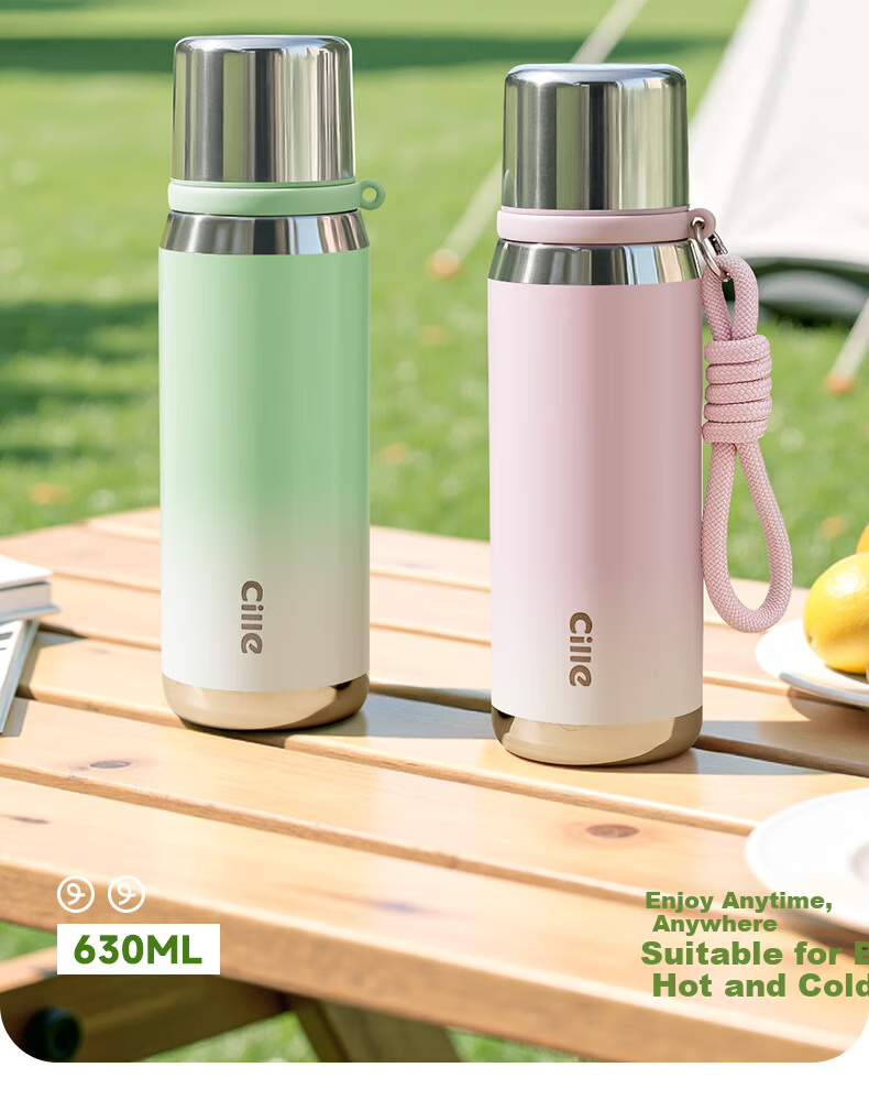 Cille Large Capacity Insulated Mug, 316L Stainless Steel Water Bottle for Men And Women, Outdoor Student Tea Cup, Soft Pink 630ml 2