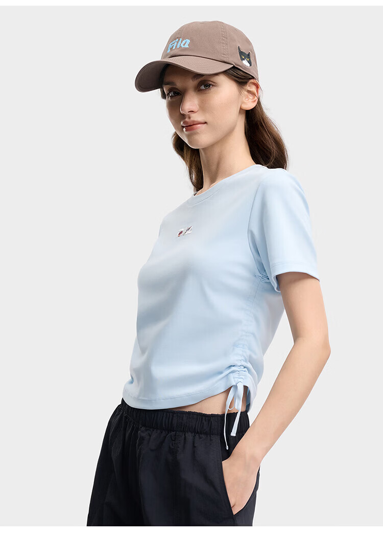FILA Yang Mi Same Style Knitted Short Sleeve Shirt Women 2026 Summer Side Drawstring Fashion Casual Embroidered Logo Slim T-Shirt 45