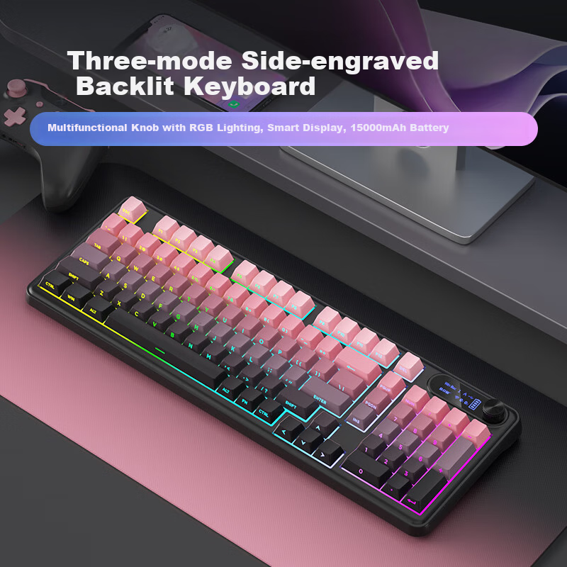 B.O.W Hangshi K980BDL Tri-mode Wireless Bluetooth Keyboard Compatible with Huawei Apple Wired Mechanical Feel Gaming Office Typing Female High Appearance 98 Keys Blackberry Pink