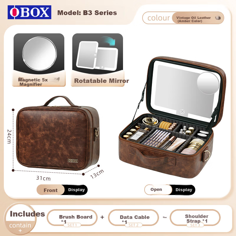 OBOX LED Lighted Makeup Bag with Mirror Vintage Waxed Leather Amber 12-inch