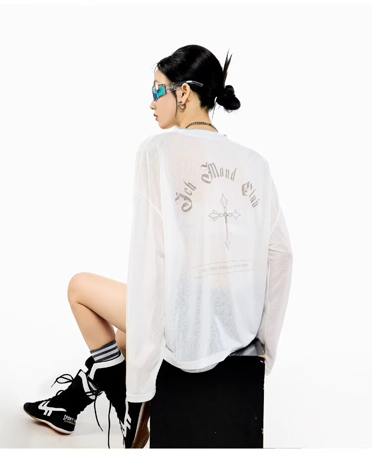 ICH MODE Women's Summer Physical Sun Protection Layered Look Lyocell Cooling Long Sleeve T-Shirt, Casual Top, Off-White, Size M 8
