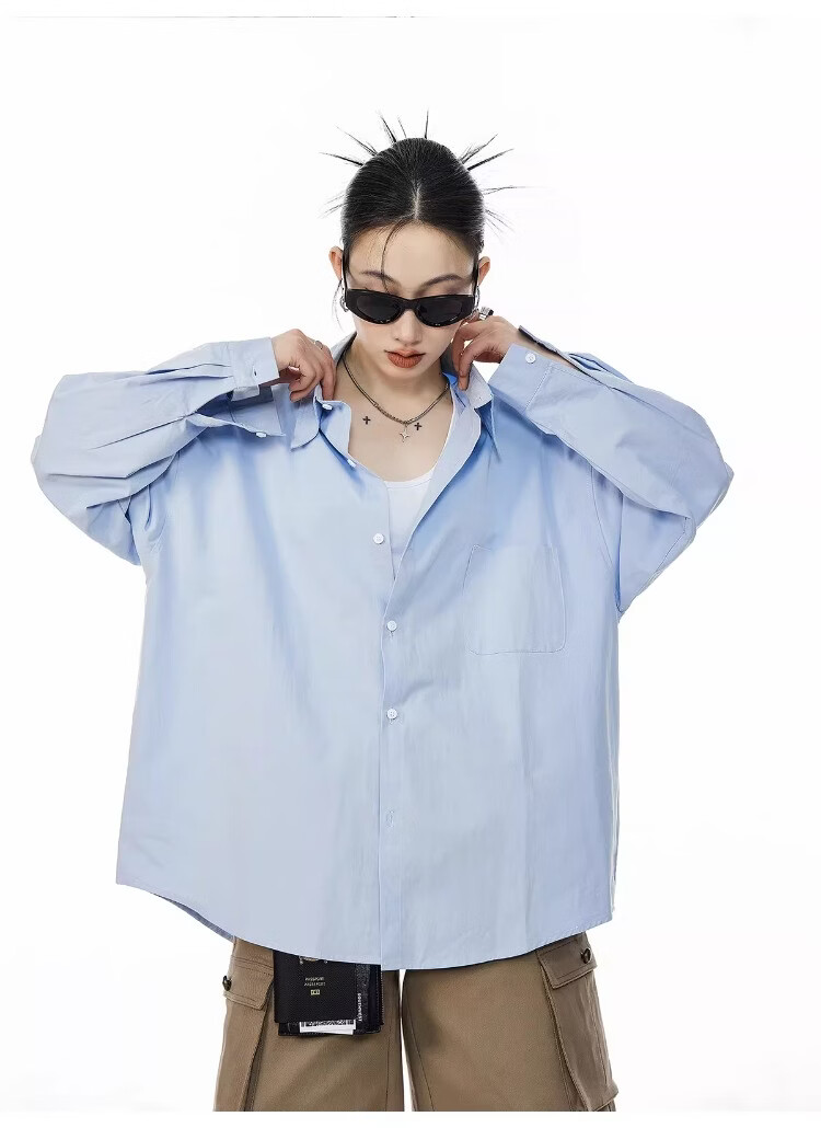 ICH MODE Blue Long Sleeve Women's Shirt Summer Loose Casual Blouse Versatile Trendy Top Jacket Blue S 30