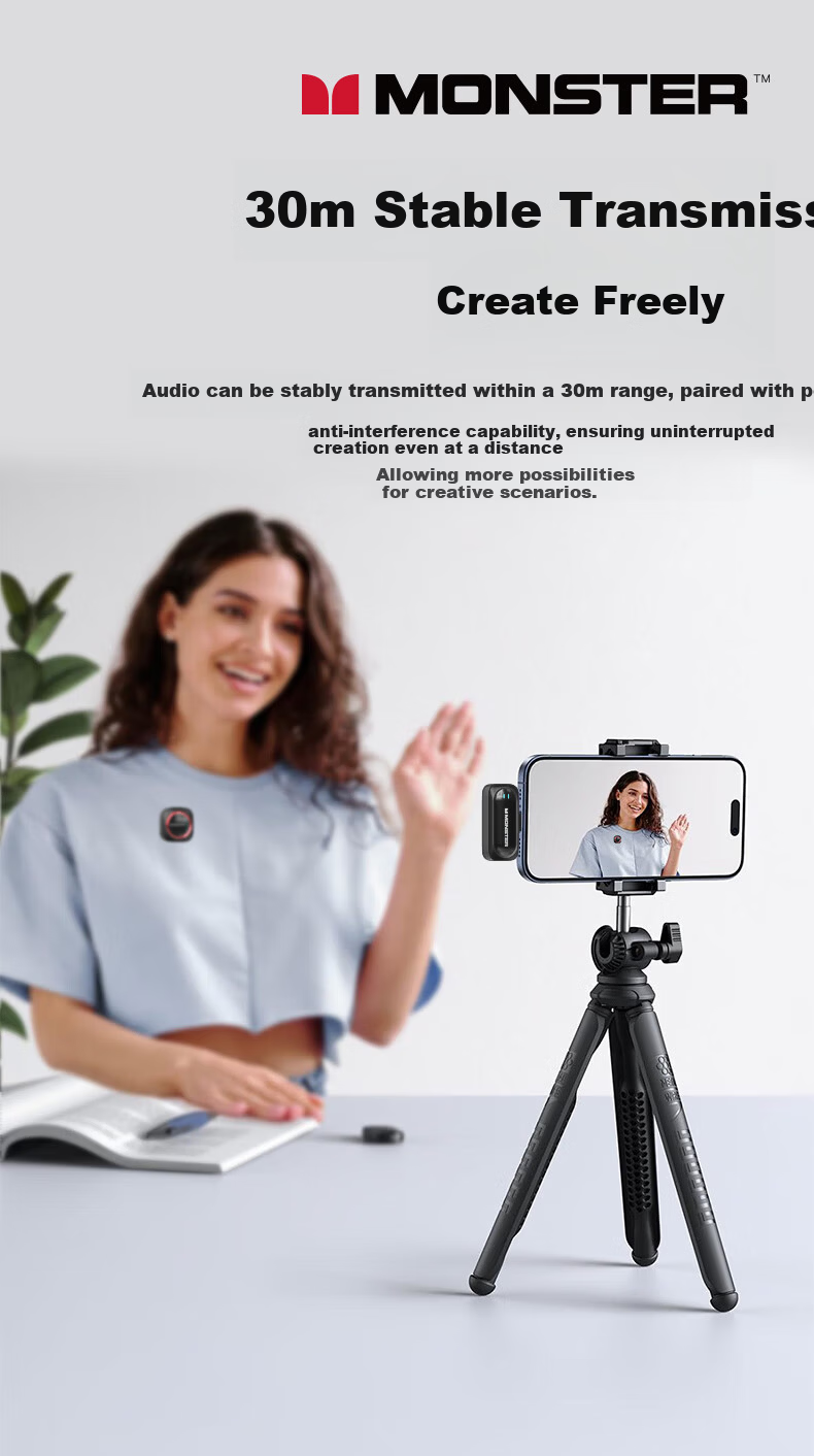MONSTER Wireless Lavalier Microphone Professional Recording Outdoor Vlog TikTok Short Video Noise-Cancelling Clip-on Mic Portable Wireless Microphone One-to-Two Type-C M1 Black 11