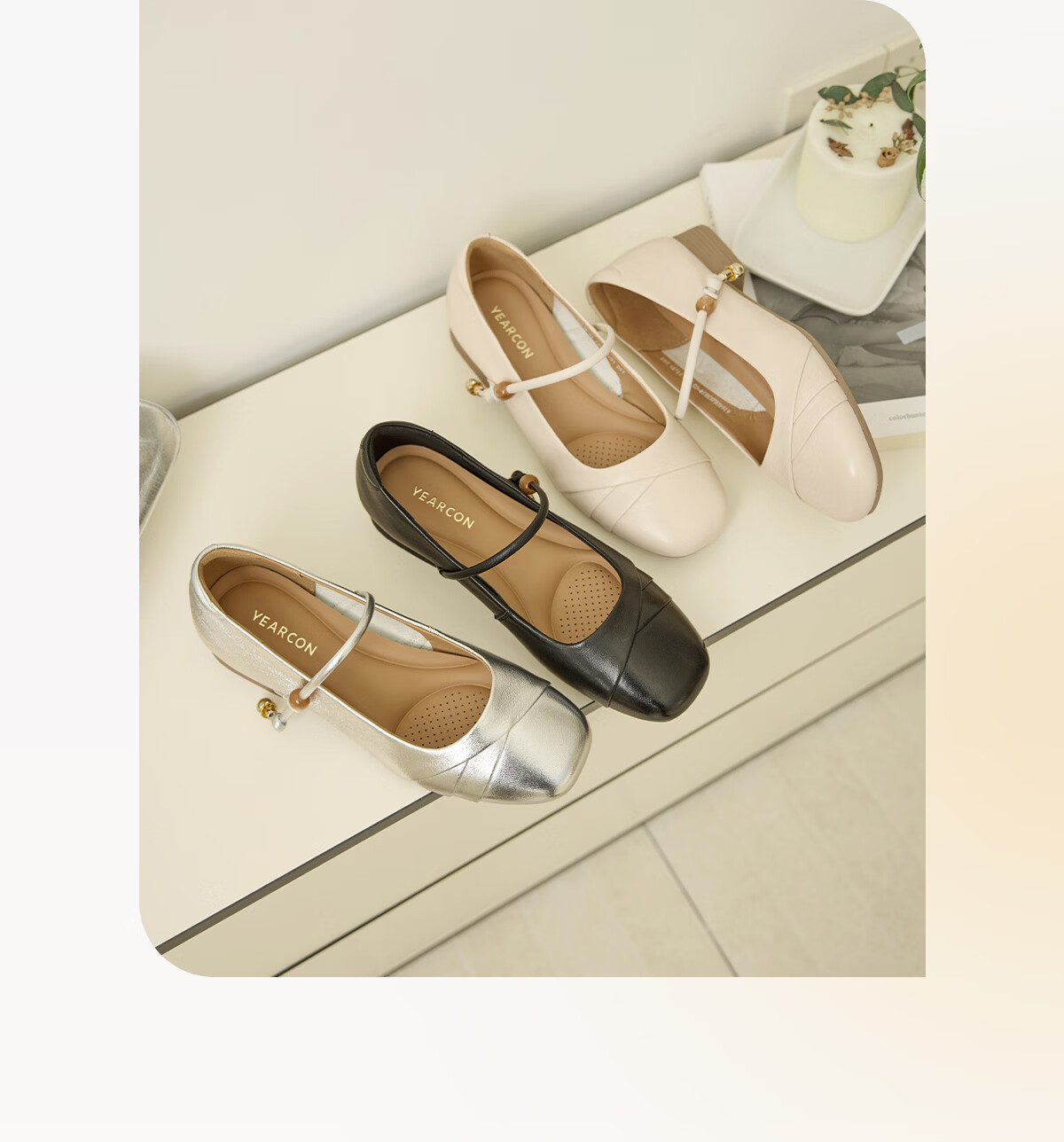 Eierkang Women's Sheepskin Mary Jane Shoes French Style Silver Flats 26583W Off-White Size 38 3